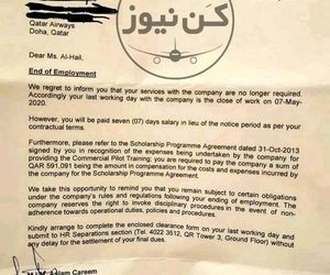 نمونه‌ای از نامه تعدیل نیرو که از طرف شرکت هواپیمایی قطر برای برخی از پرسنل این شرکت ارسال شده است.