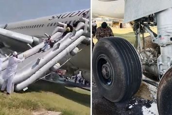 خروج اضطراری مسافران از هواپیمای عربستانی پس از آتش‌سوزی در پیشاور پاکستان + فیلم