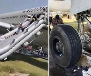 خروج اضطراری مسافران از هواپیمای عربستانی پس از آتش‌سوزی در پیشاور پاکستان + فیلم