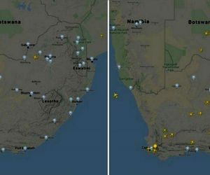 مقایسه ترافیک هوایی برفراز آفریقای جنوبی با ۵ هفته پیش؛ تاثیر منفی ویروس کرونا بر صنعت هوانوردی جهان از بحران‌های مالی سال‌های ۲۰۰۸ و ۲۰۰۹ بیشتر بوده است.